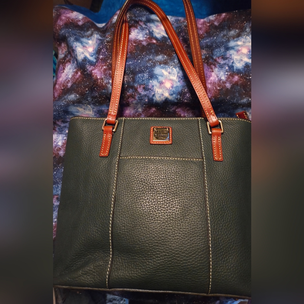 Dooney & Bourke Green Pebbled Leather Tote with Brown Handles
